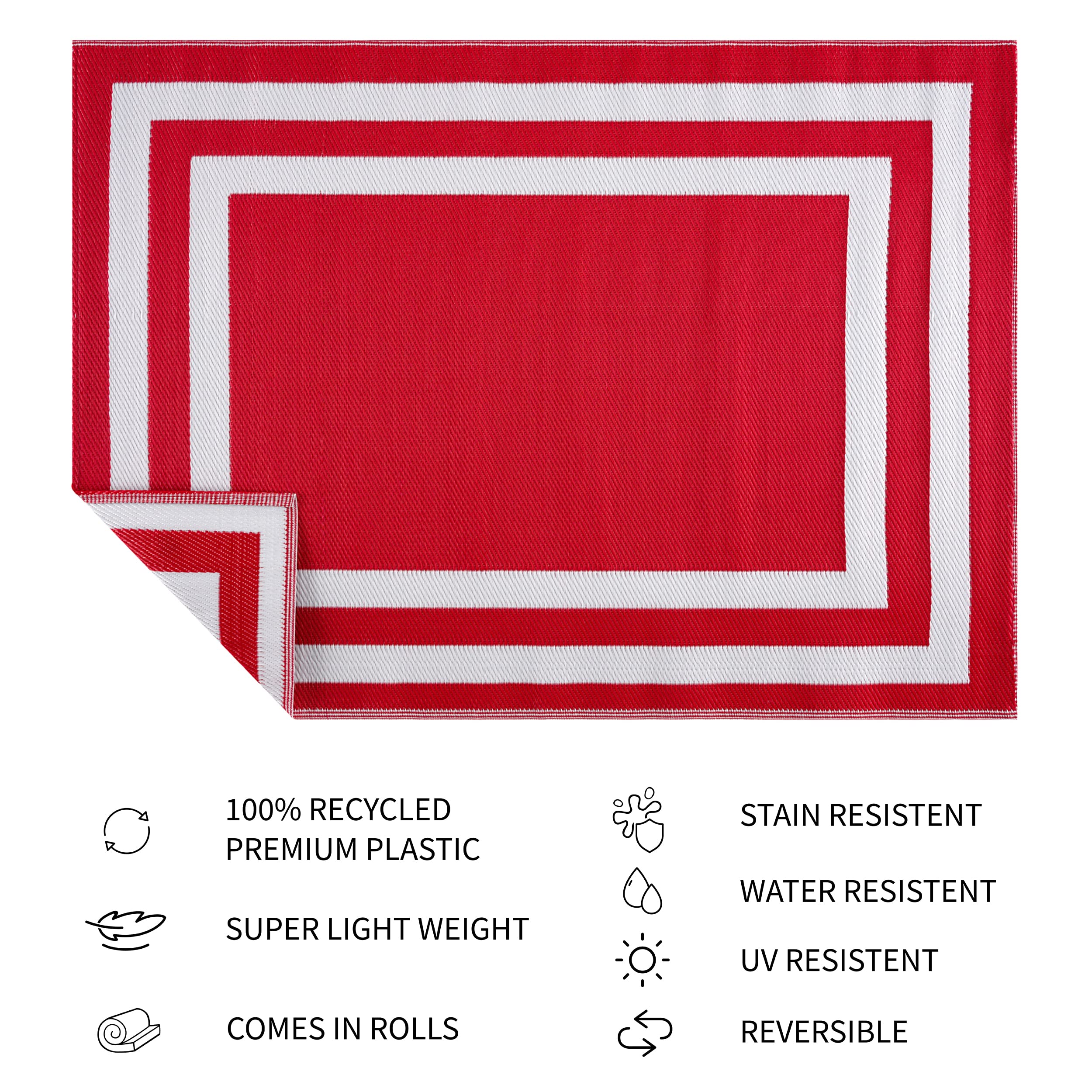 Outdoor Rug - Crease-Free Recycled Plastic Floor Mat for Patio, Camping, Beach, Balcony, Porch, Deck - Weather, Water, Stain, Lightweight, Fade and UV Resistant - Paris- Red & White (6'x9')