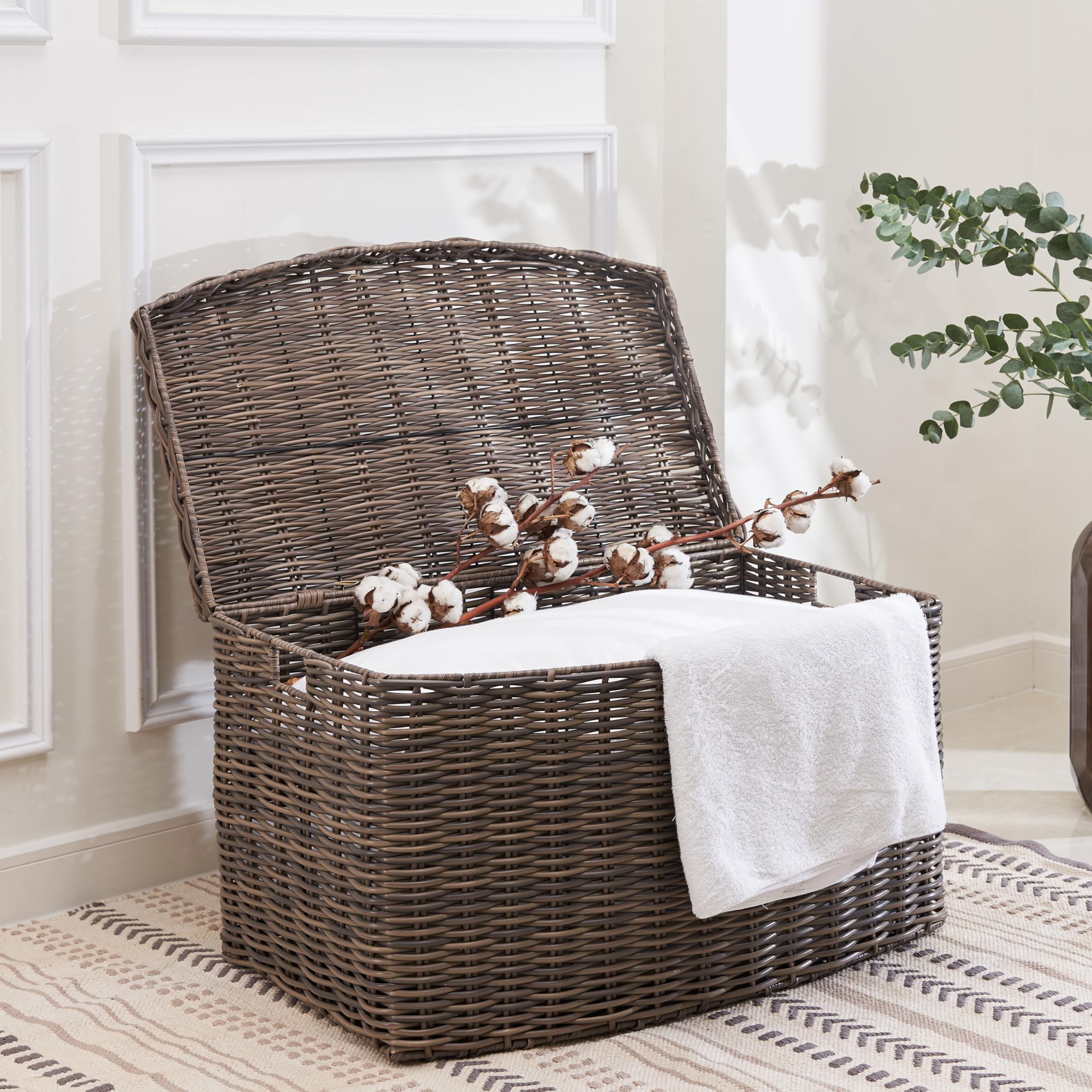 Joseph Rectangular Curve Resin Woven Wicker Trunk with Handles - For Clothes, Towels, Toys, Magazine Storage and Home Decoration (Chocolate Brown - 24 x 14 x 15 in)