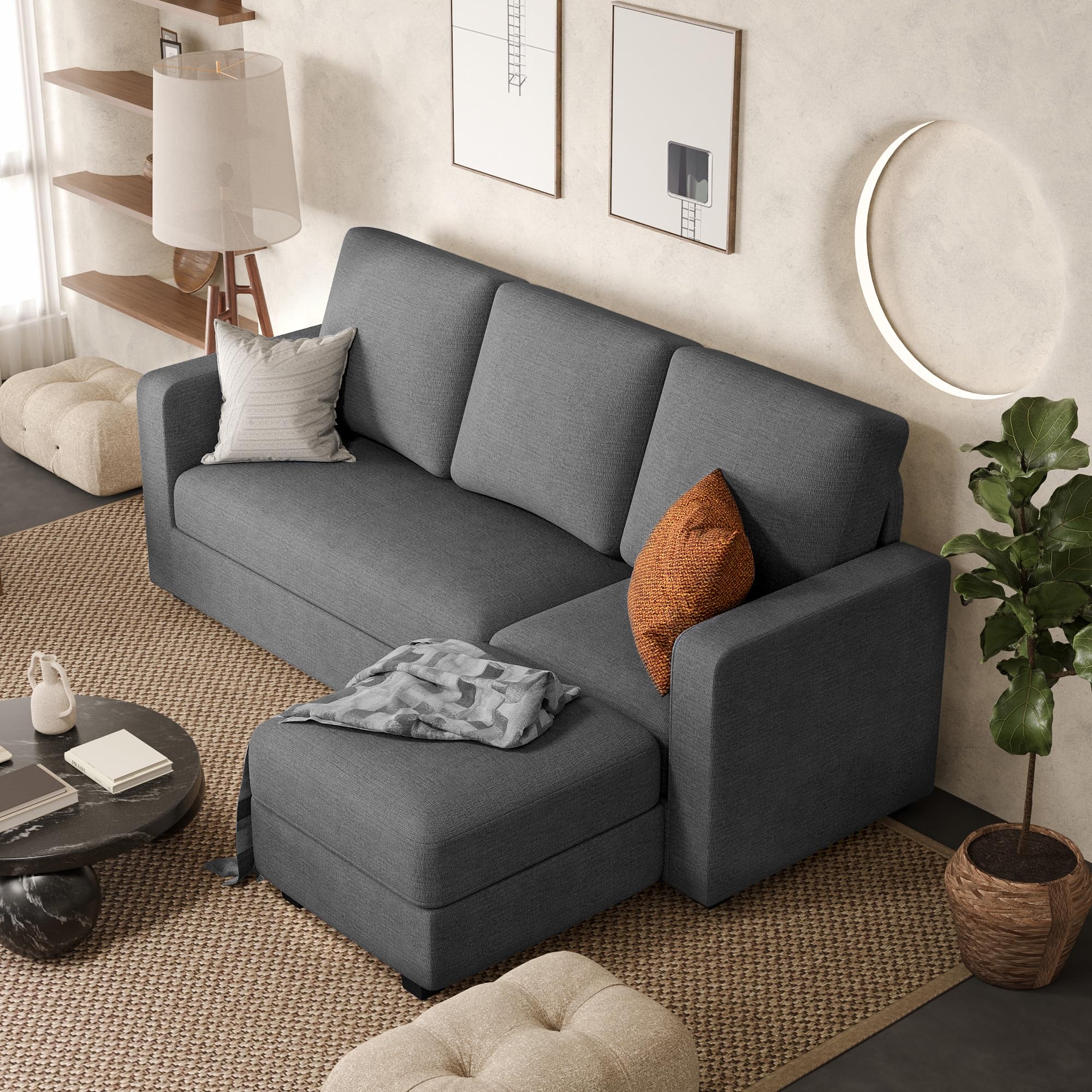 JUMMICO Convertible Sectional Sofa Couch, Fabric L-Shaped Sofa with 3 Seats, Removable Ottoman, Small Sofa for Small Apartments, Living Rooms and Offices (Deep Grey)