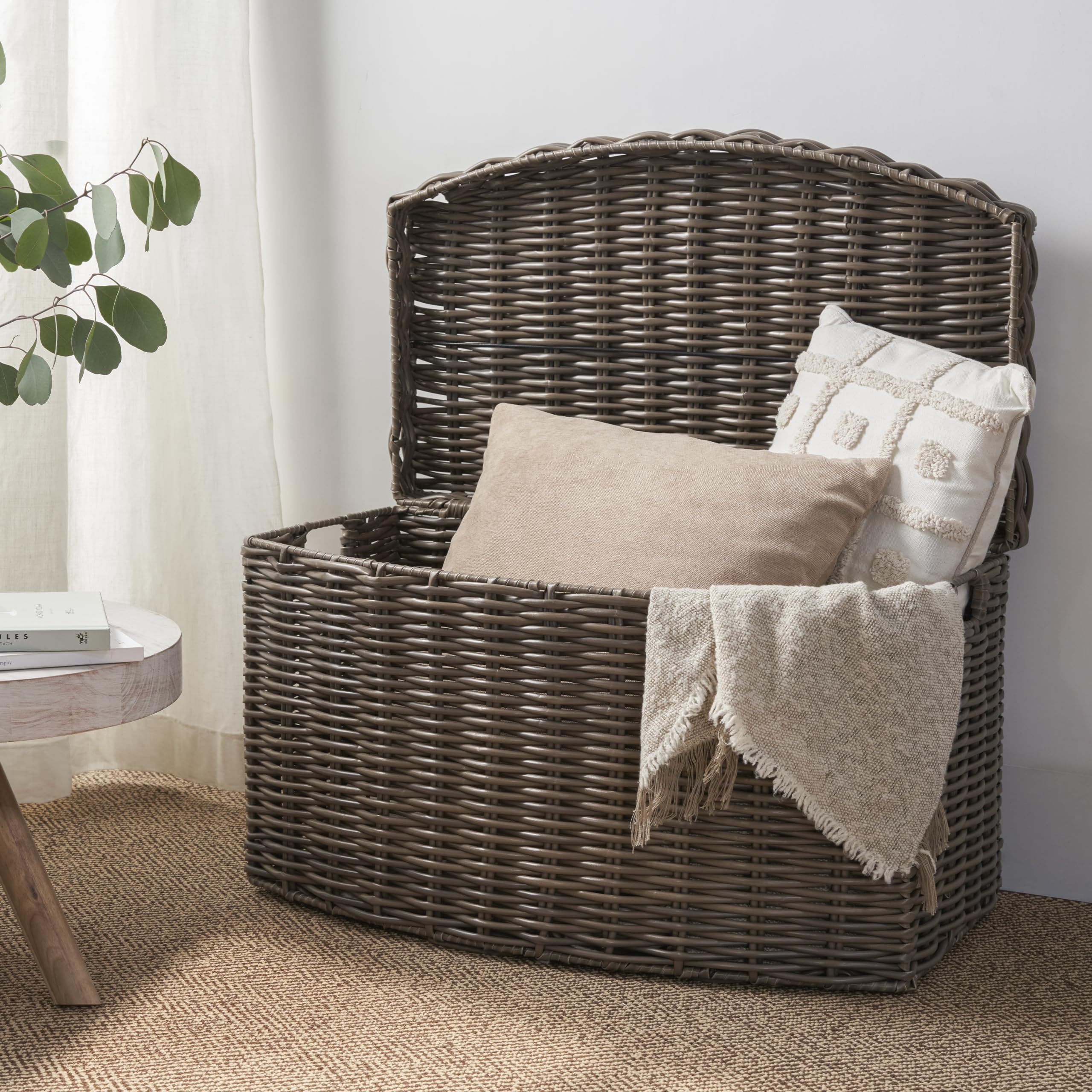 Joseph Rectangular Curve Resin Woven Wicker Trunk with Handles - For Clothes, Towels, Toys, Magazine Storage and Home Decoration (Chocolate Brown - 24 x 14 x 15 in)