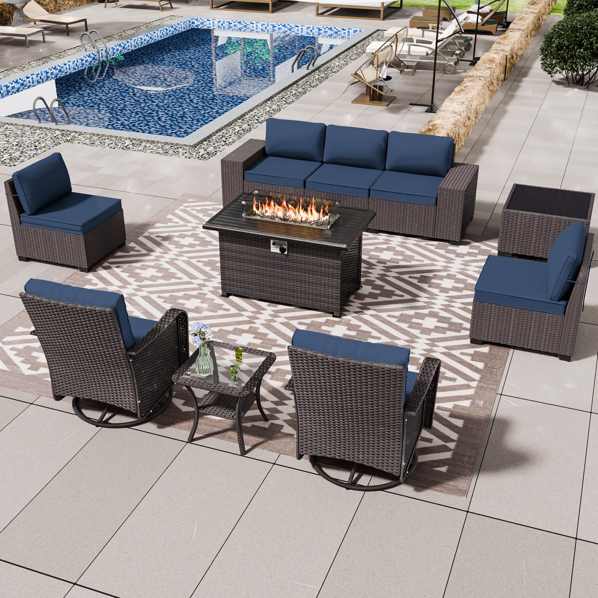 ASJMR 10 Pieces Patio Furniture Set with 2 Swivel Chairs Patio Furniture Outdoor Sectional Sofas with 55000 Gas Fire Pit Patio Conversation Set w/7 Cushions-Blue