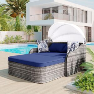 merax, double lounge bed, blue outdoor patio rattan daybed sunbed with retractable canopy, sectional conversation sofa set for backyard and porch