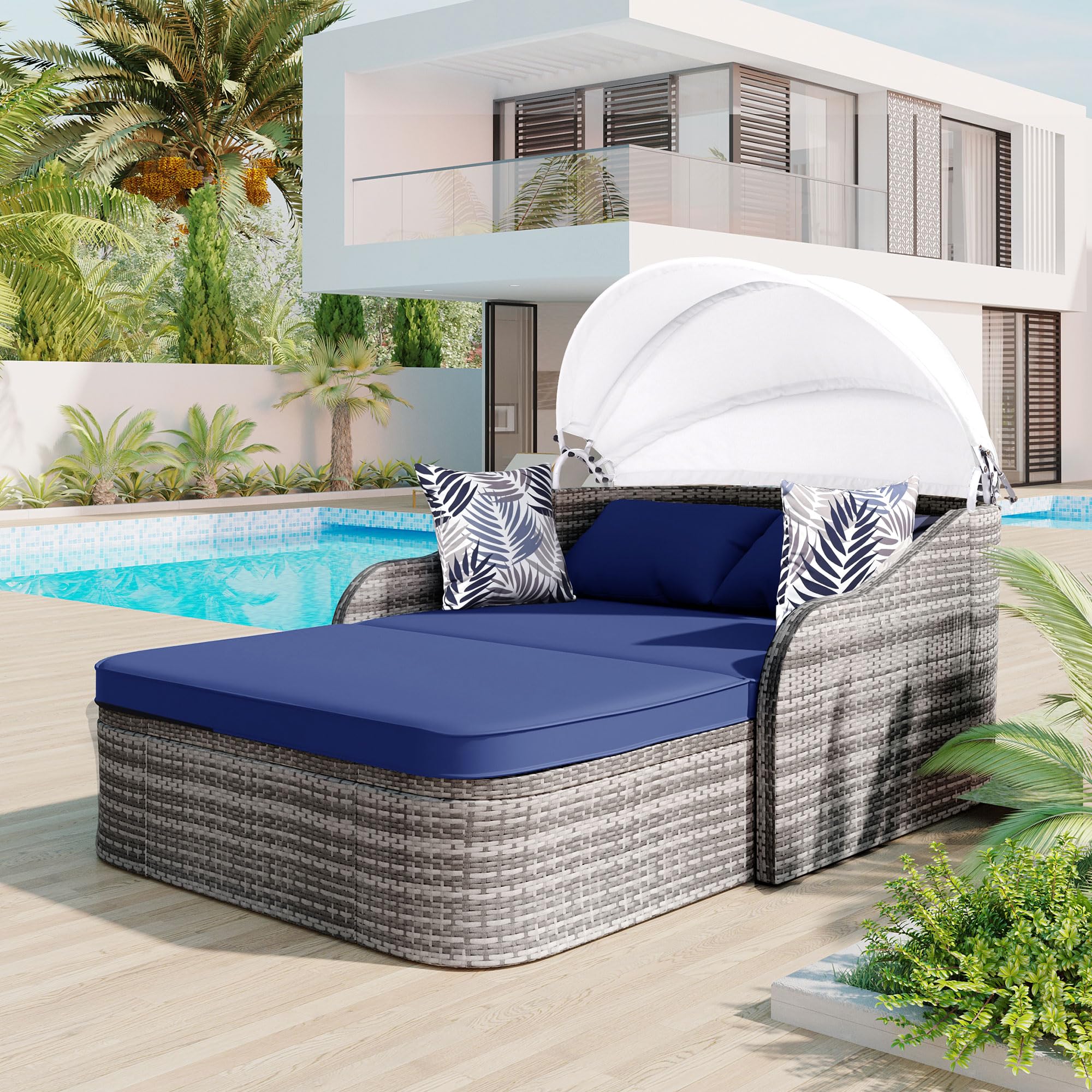 Merax, Double Lounge Bed, Blue Outdoor Patio Rattan Daybed Sunbed with Retractable Canopy, Sectional Conversation Sofa Set for Backyard and Porch