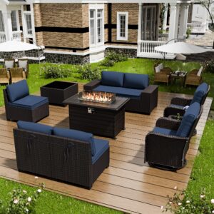 ASJMR 10 Pieces Patio Furniture Set with 2 Swivel Chairs Patio Furniture Outdoor Sectional Sofas with 55000 Gas Fire Pit Patio Conversation Set w/7 Cushions-Blue