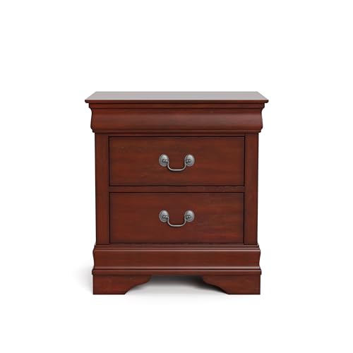 Furniture of America Arabella Traditional Solid Wood Nightstand with Drawers and Antique Nickle Handles, Small Bedside Table, No Assembly Wooden Night Stand for Bedroom, Guest Room, Dorm, Cherry