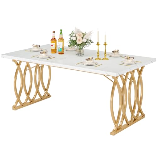 LITTLE TREE Modern Dining Table for 4-6 People, 63" Large Rectangular Kitchen Table with Faux Marble Tabletop and Geometric Legs, Unique Dinner Table Kitchen & Dining Room Furniture