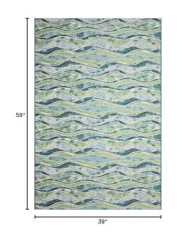 Liora Manne Marina Indoor/Outdoor Power Loomed Synthetic Blend Durable Area Rug - Contemporary Stripe Casual Beach Decorative (Wave Ocean) (3'3" x 4'11")