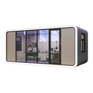 modern luxury portable prefabricated pod cabin, galvanized steel outdoor prefab house with eco-friendly interiors and smart home features, perfect for living and studio space