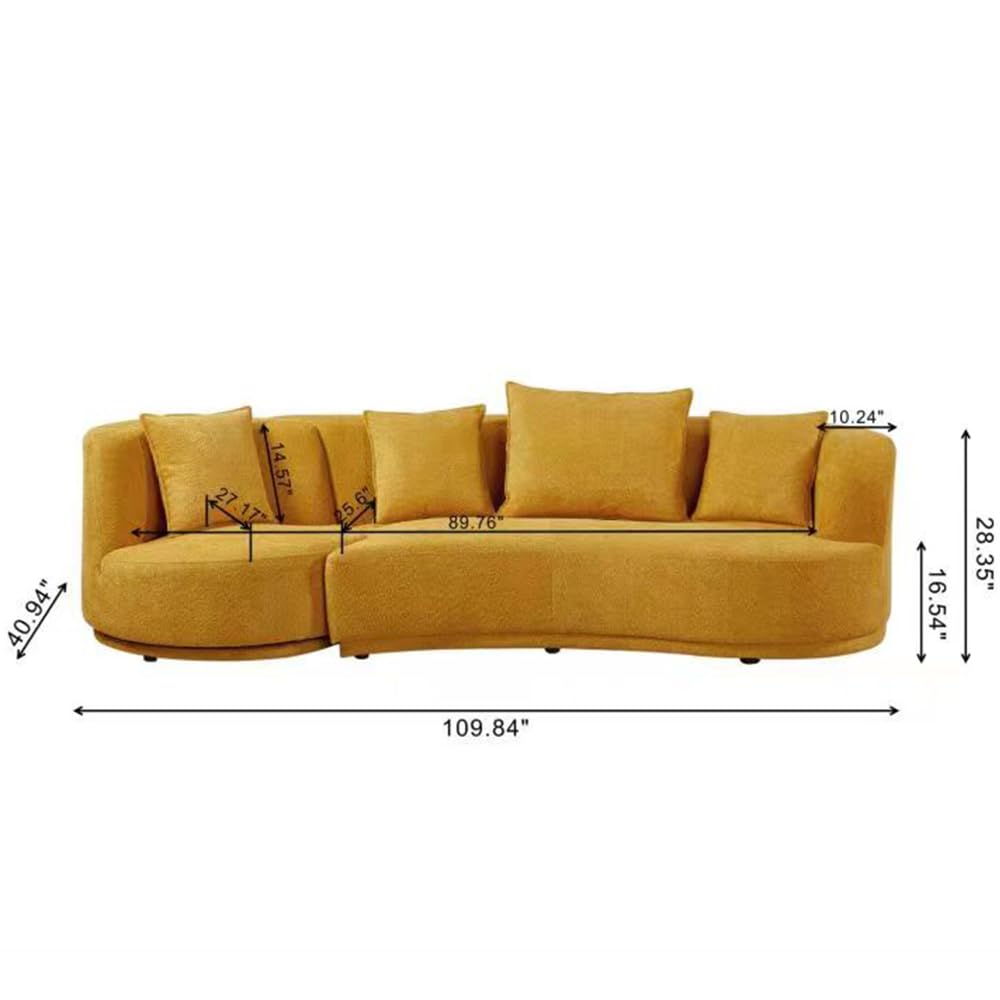 WILLIAMSPACE 109.84" Modern Curved Sofa Couch with 360° Swivel Arm Chair, Modern Upholstery Boucle Sofa 3 Seat Couch with 4 Throw Pillows, Luxury Curved Couch for Living Room Apartment (Yellow)