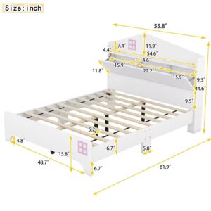 Full Bed with Storage Headboard, Wood Platform Bed with House Shaped Headboard, Kid Low Bed Frame with Shelf and Slats Support, No Box Spring Needed, White