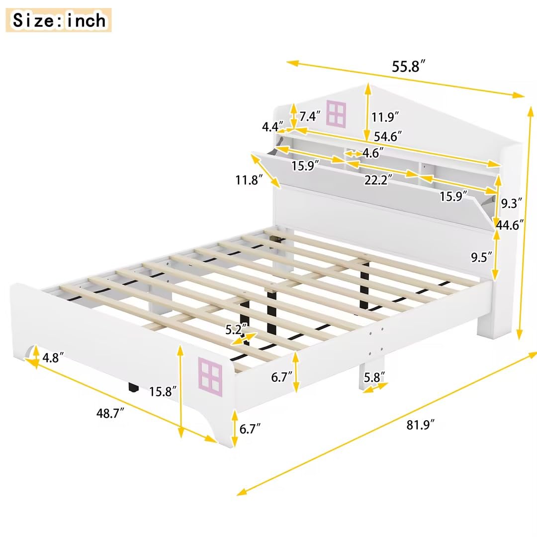 Full Bed with Storage Headboard, Wood Platform Bed with House Shaped Headboard, Kid Low Bed Frame with Shelf and Slats Support, No Box Spring Needed, White