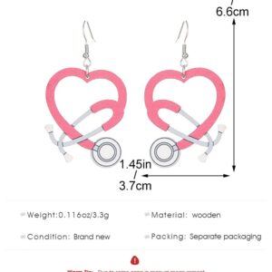 Doctor Nurse Stethoscope Wooden Dangle Earrings Love Heart Stethoscope Medical Theme Earrings Nurse's Day Gifts for Doctors Nurses Medical Students-Pink