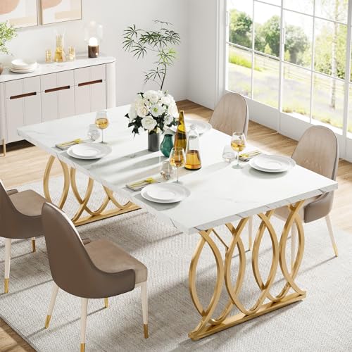 LITTLE TREE Modern Dining Table for 4-6 People, 63" Large Rectangular Kitchen Table with Faux Marble Tabletop and Geometric Legs, Unique Dinner Table Kitchen & Dining Room Furniture