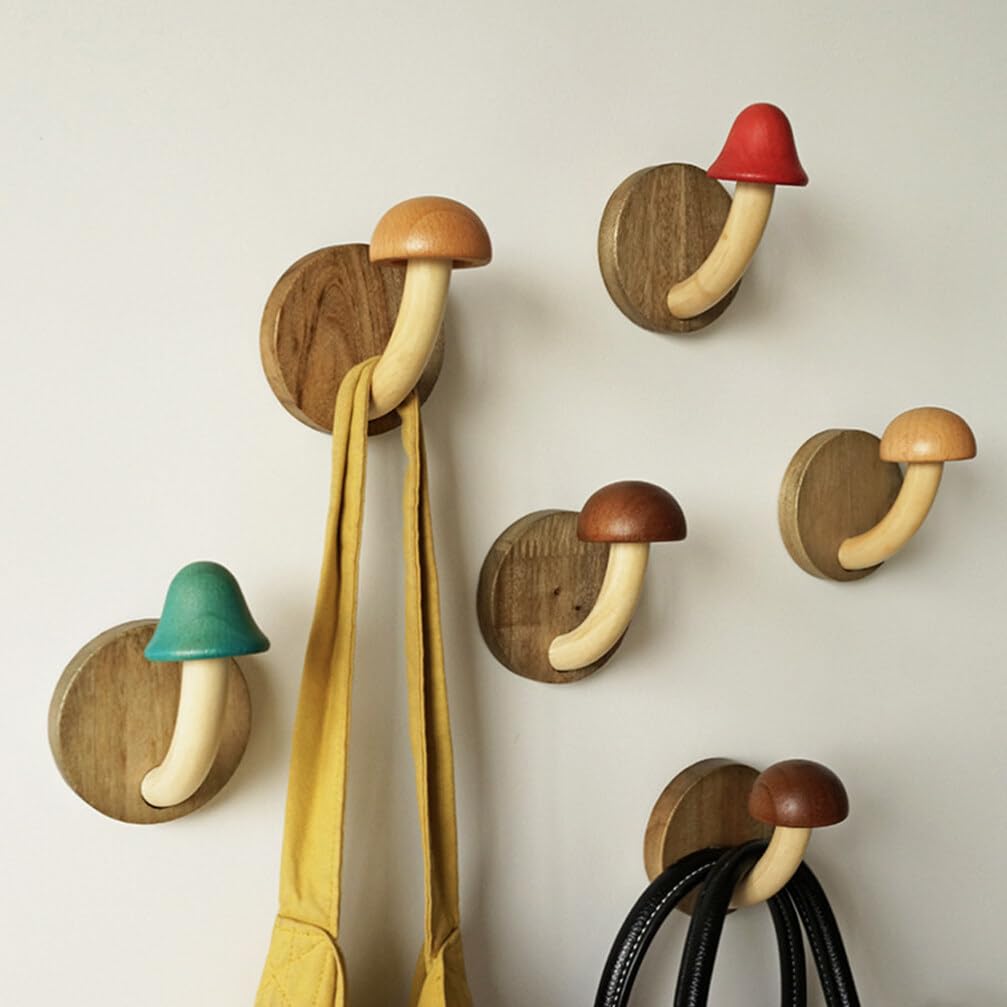 PRETYZOOM Mushroom Wall Hooks: 4pcs Wooden Mushroom Wall Hanging Hook, No Punching Wall Hanger, Decorative Wall Hook Hooks for Hanging Towels Hat Coat