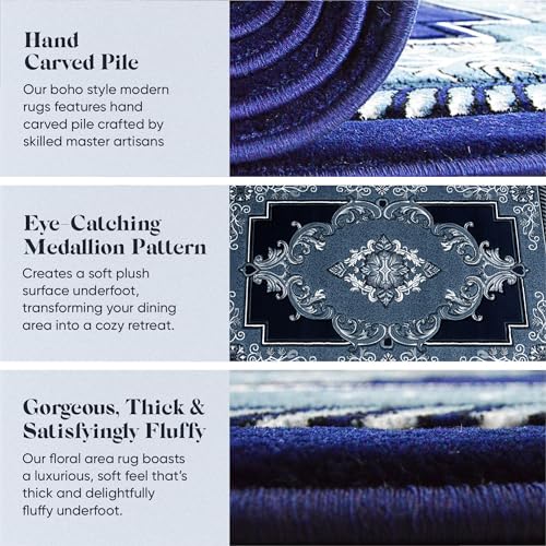 2x4 Small Rug Boho Glamour Thick Plush Oriental Area Rug Traditional Carpet Floral Medallion Rugs for Living Room and Bedroom Floor Navy Blue