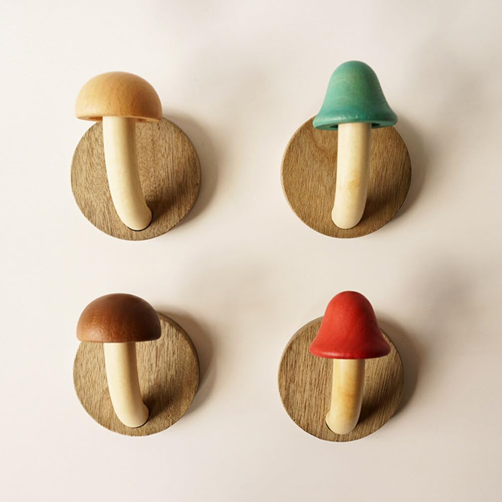 PRETYZOOM Mushroom Wall Hooks: 4pcs Wooden Mushroom Wall Hanging Hook, No Punching Wall Hanger, Decorative Wall Hook Hooks for Hanging Towels Hat Coat