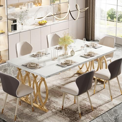 LITTLE TREE Modern Dining Table for 4-6 People, 63" Large Rectangular Kitchen Table with Faux Marble Tabletop and Geometric Legs, Unique Dinner Table Kitchen & Dining Room Furniture