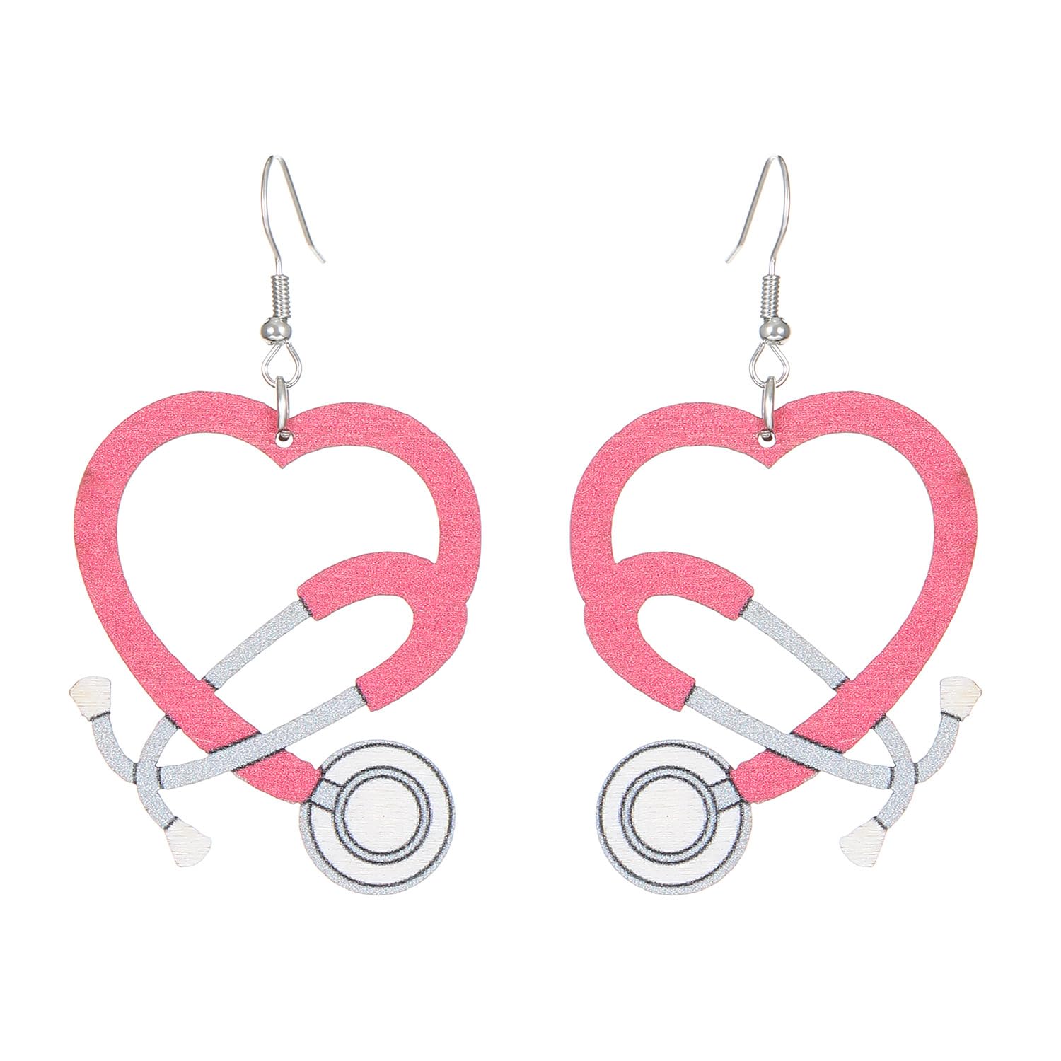 Doctor Nurse Stethoscope Wooden Dangle Earrings Love Heart Stethoscope Medical Theme Earrings Nurse's Day Gifts for Doctors Nurses Medical Students-Pink