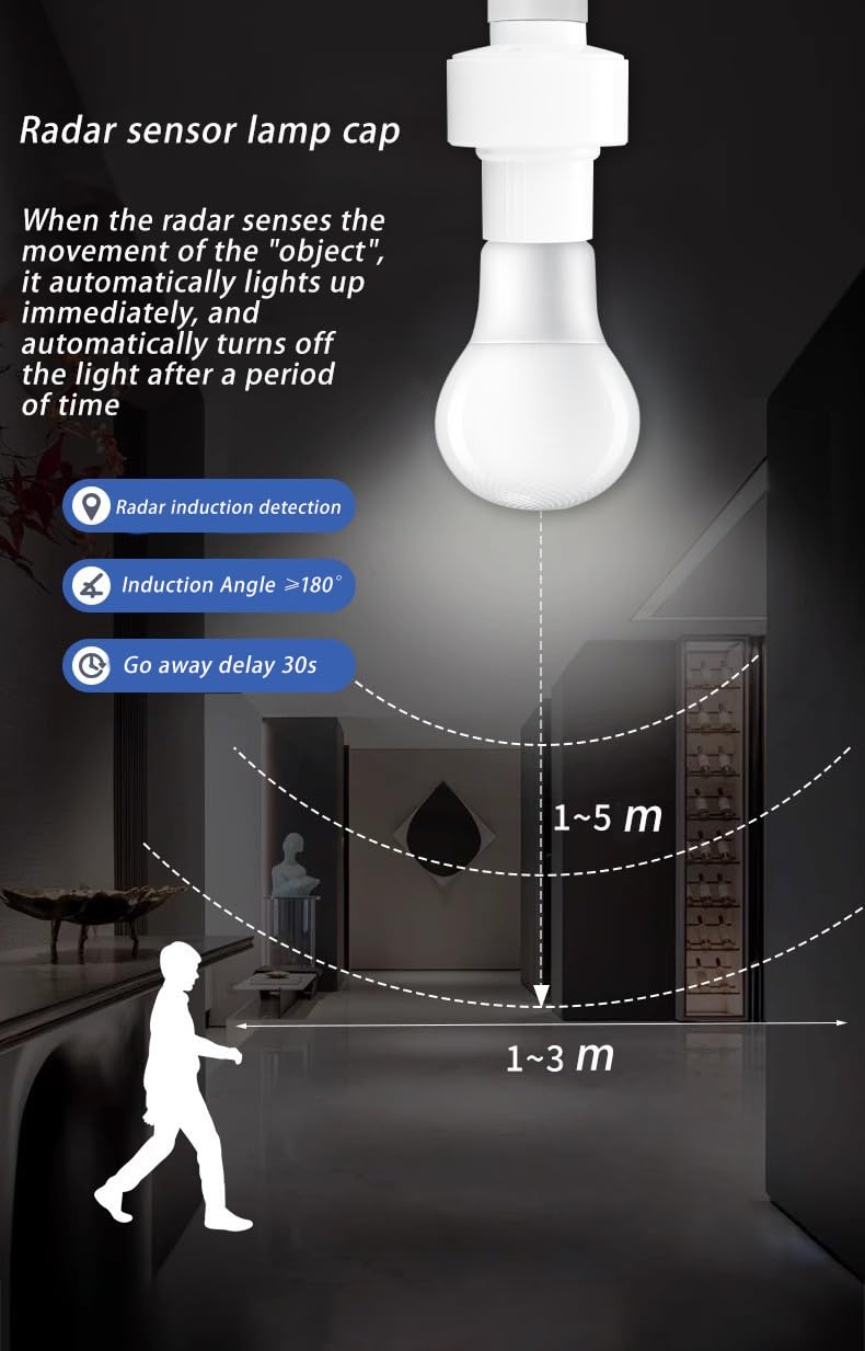 Motion Sensor Light Socket, Radar Motion Screw LED CFL Incandescent Bulb Adapter, Outdoor Indoor Garage Light, for Basement