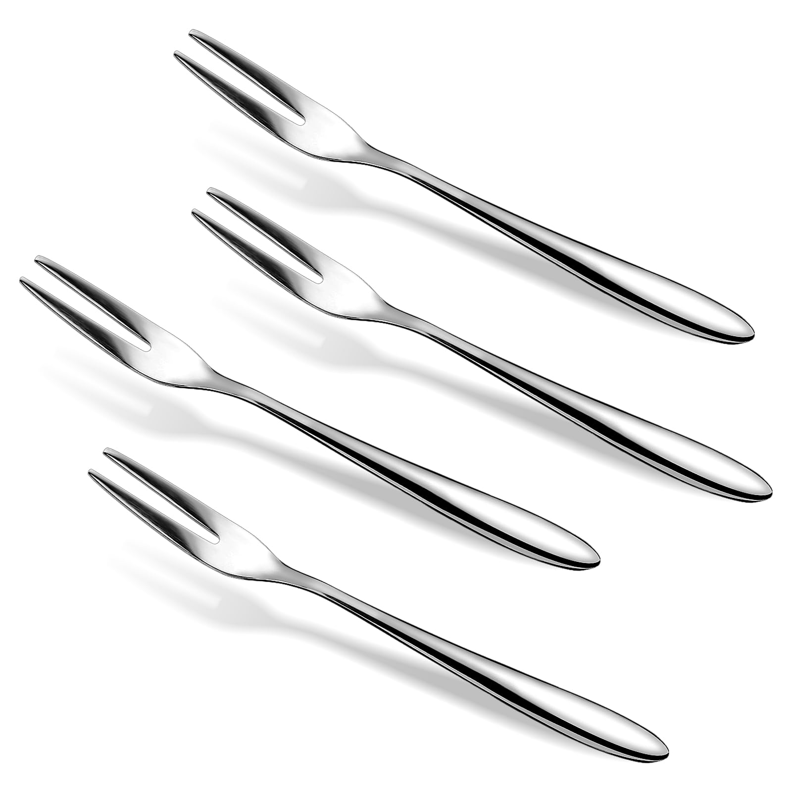 KALIONE 4 Pcs Two Prong Fruit Forks Set,Stainless Steel Cocktail Forks Tasting Appetizer Forks Multi-Purpose Seafood Forks Table Dinner Fruit Forks Small Dessert Cake Forks for Party Supplies (Silver)