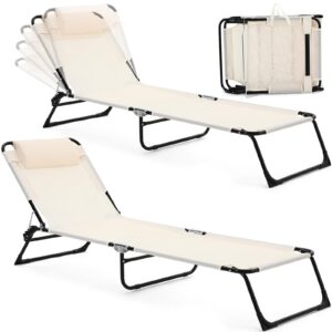 Suzile 2 Pack Folding Chaise Lounge Chairs Outdoor Adjustable Beach Tanning Chair with 5 Position Reclining Back Detachable Pillow Breathable Mesh Sun Lounger for Beach Pool Yard Camping(Beige)