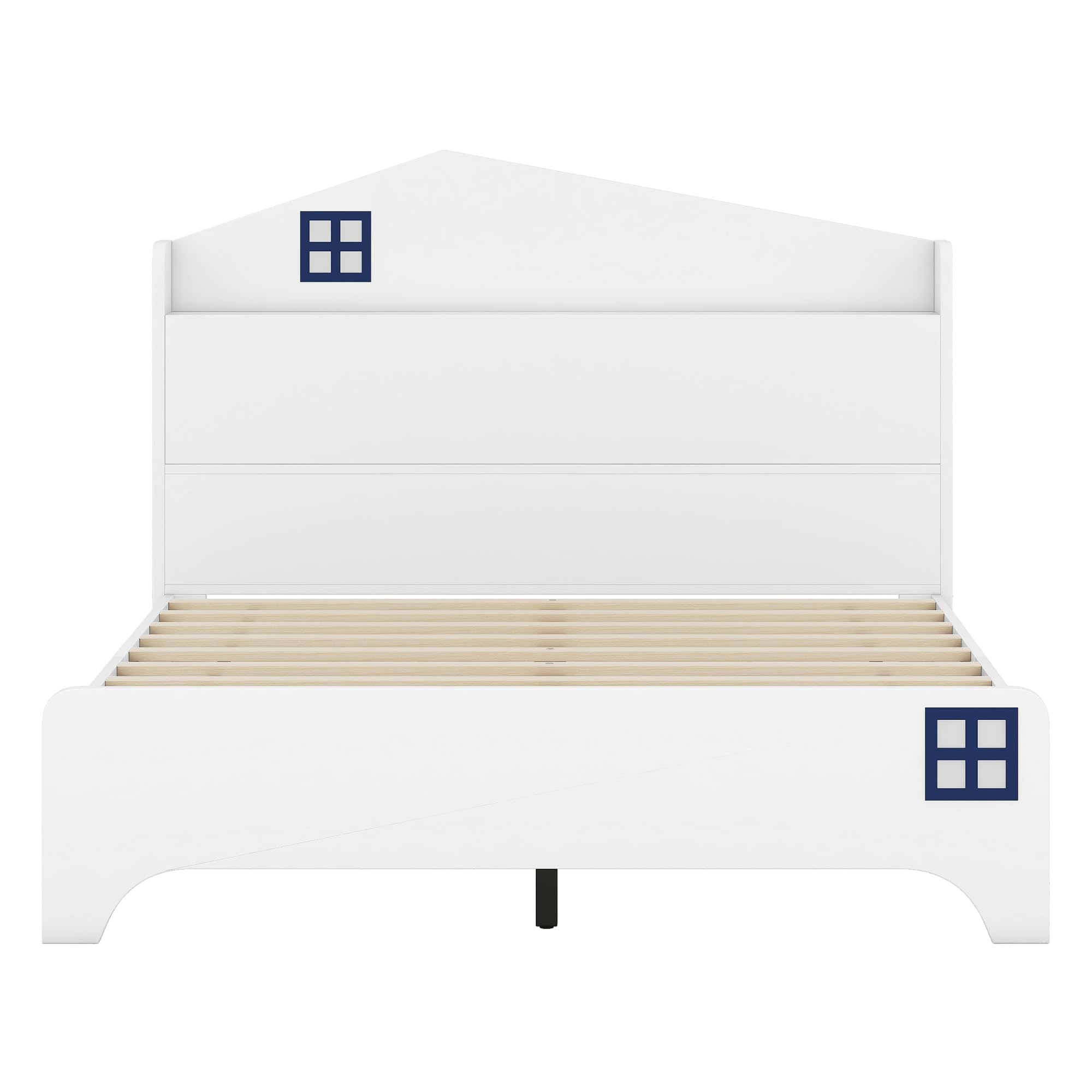 Full Bed with Storage Headboard, Wood Platform Bed with House Shaped Headboard, Kid Low Bed Frame with Shelf and Slats Support, No Box Spring Needed, White