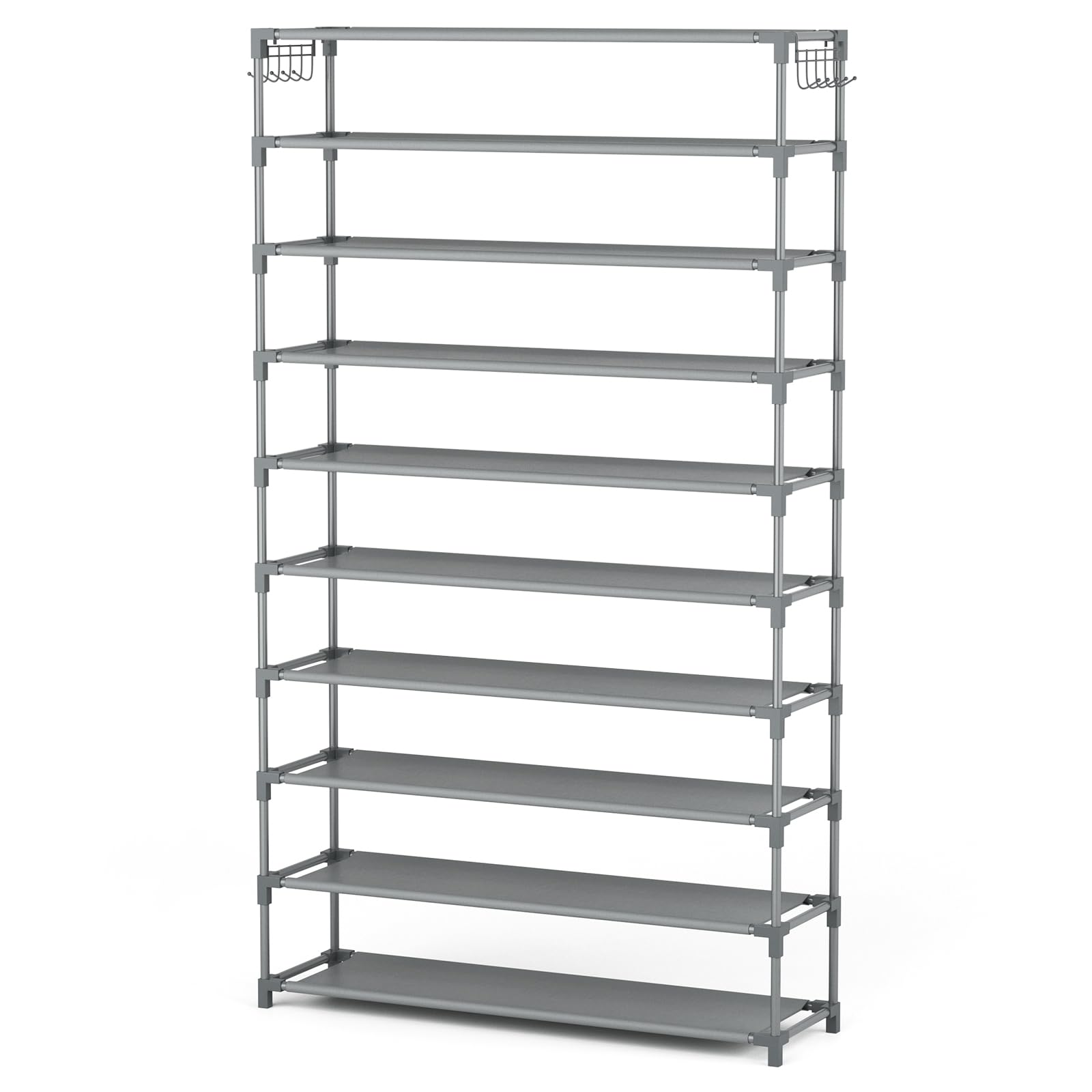 LANTEFUL 10 Tiers Shoe Rack 50 Pairs Large Capacity Tall Shoe Organizer Sturdy Shoe Storage with Two Hooks Space Saving Metal Wide Shoe Rack for Closet, Entryway, Bedroom, Grey