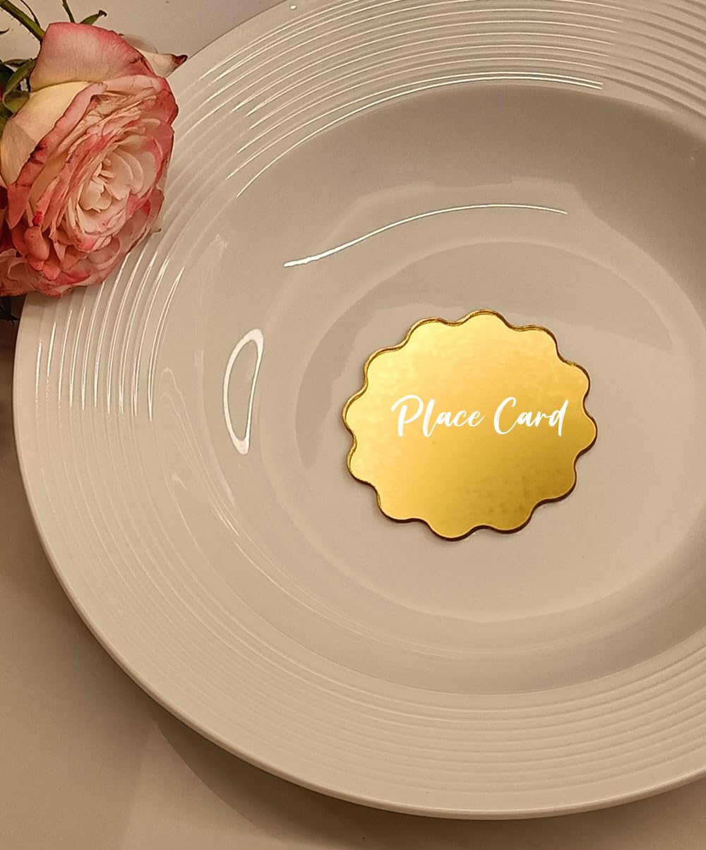 20pcs of Gold Acrylic Wedding Place Card,Mirrored Scallop Place Card,Laser Cut Wavy Circle Acrylic Seating Chart,Acrylic Place Card,Name Place Card (Gold Mirror, 3'')