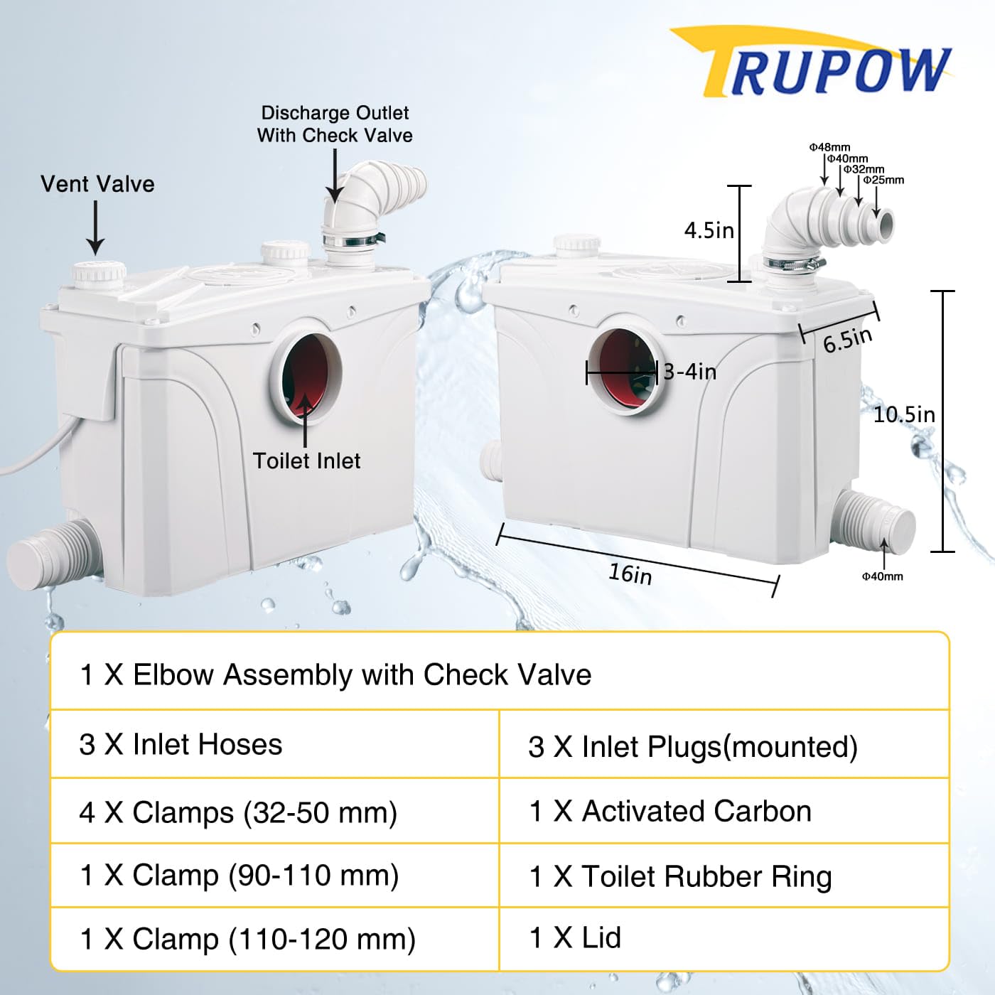 Trupow 700W 110V Macerator Sewerage Pump with 4 Water Inlets for Upflush Toilet System Waste Water Marine Toilet Bathroom Disposal Laundry