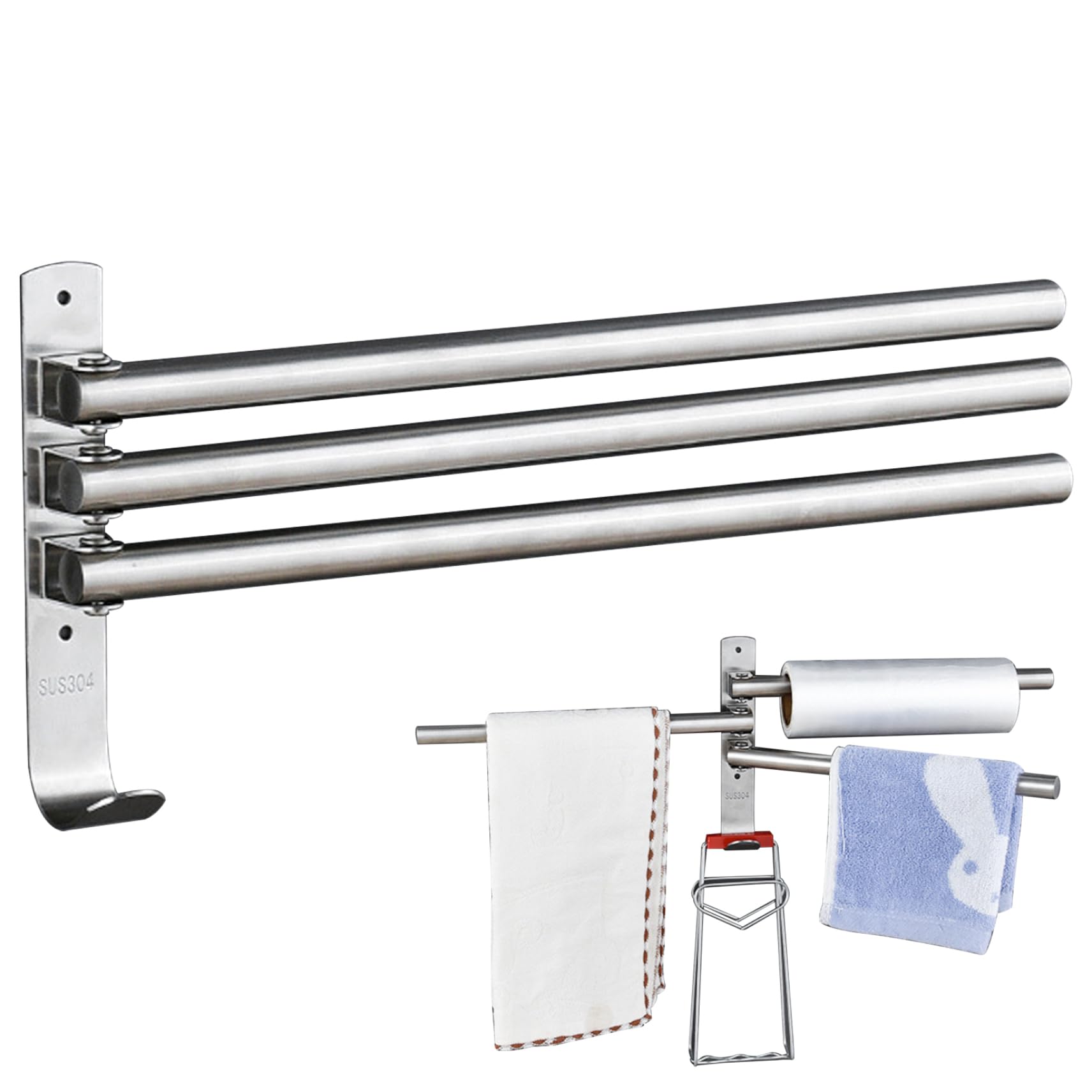 CNAFGBGG Swivel Towel Rack, 3-Arms Stainless Steel Swivel Towel Bar, Wall Towel Holder Self-Adhesive Bath Towel Holder, Wall Mount Space Saving Bathroom Towel Bar for Kitchen, Toilet