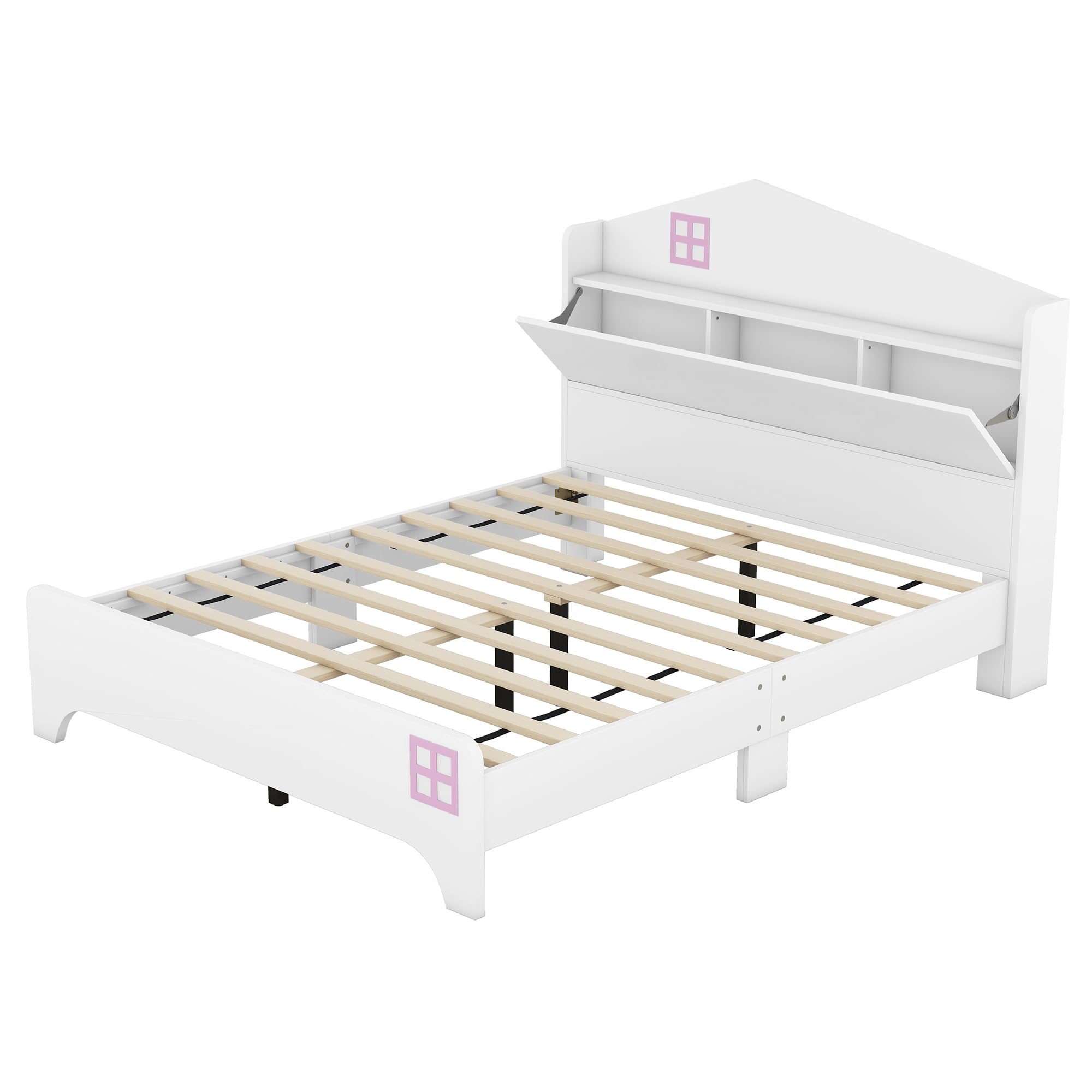 Full Bed with Storage Headboard, Wood Platform Bed with House Shaped Headboard, Kid Low Bed Frame with Shelf and Slats Support, No Box Spring Needed, White