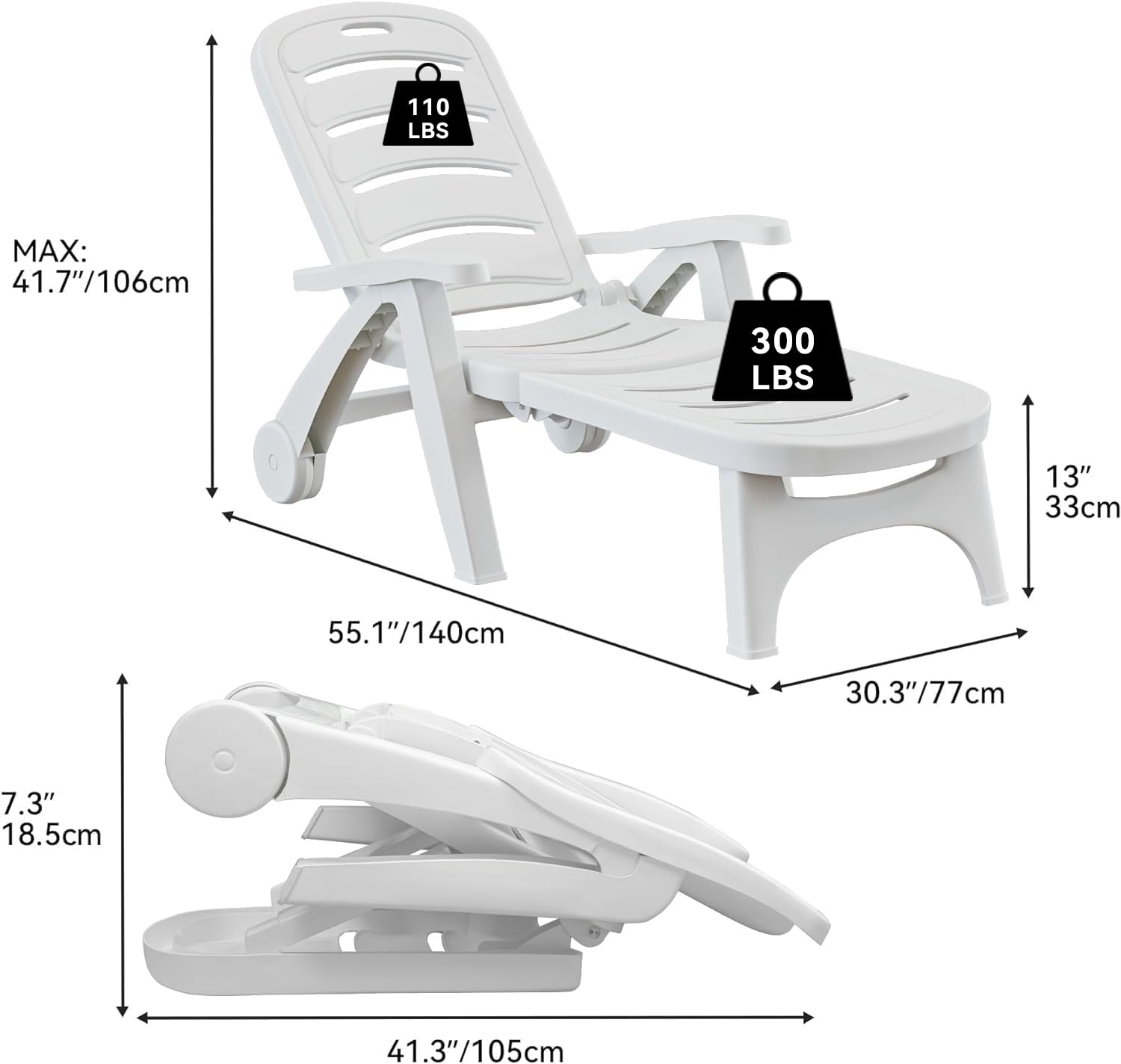 YITAHOME Outdoor Chaise Lounge on Wheels - 1 Piece Folding PP Plastic Patio Chairs with 5-Level Adjustable Backrest Ideal for Pool, Garden, Beach, Sunbathing, Yard, and Poolside Lounging