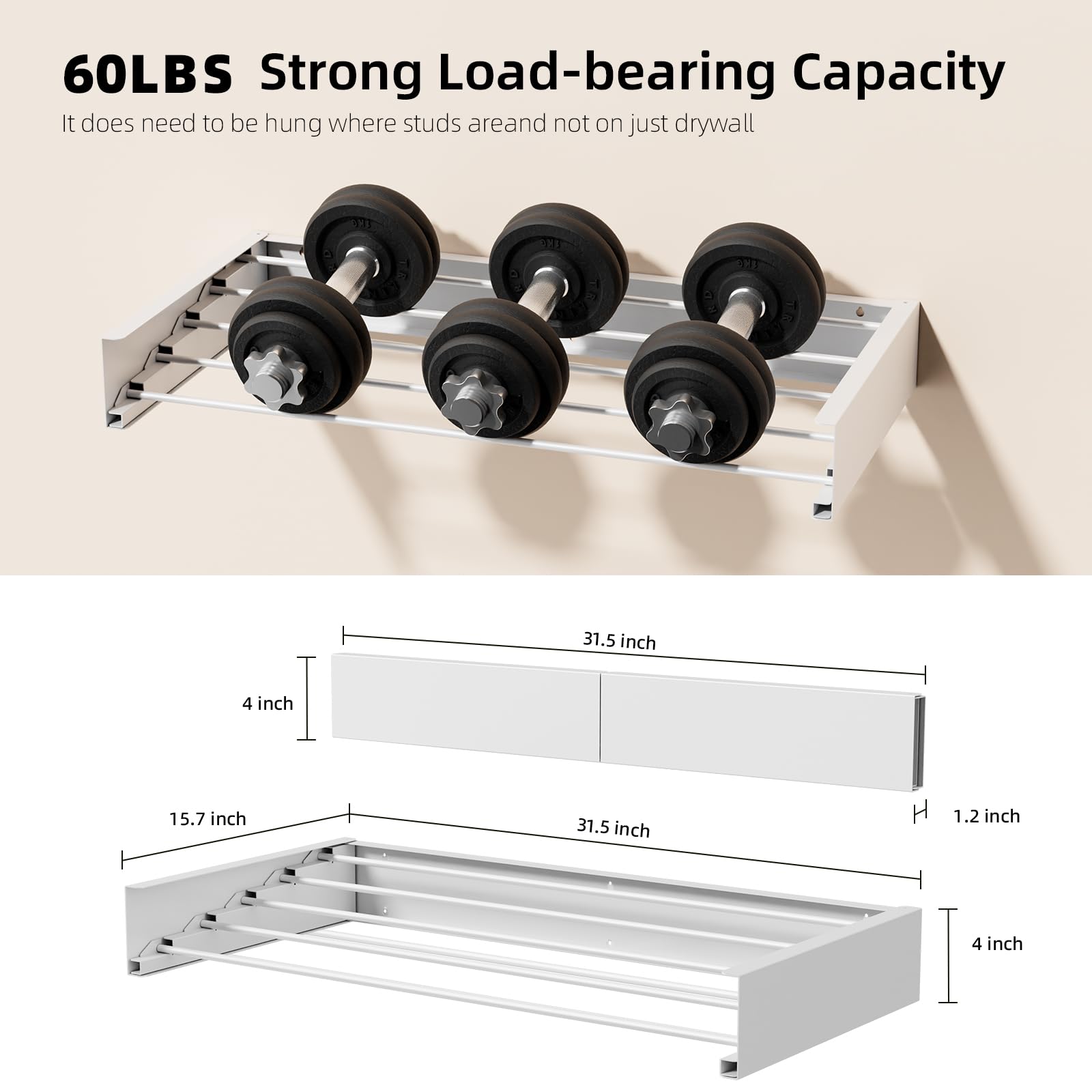 ZMBESUP Laundry Drying Rack Collapsible, Wall Mounted Drying Rack, Clothes Drying Rack, Retractable Wall Drying Rack, 31.5" Wide, 13.2 Linear Ft, 5 Aluminum Rods, 60 lb Capacity (White, 31.5" Wide)