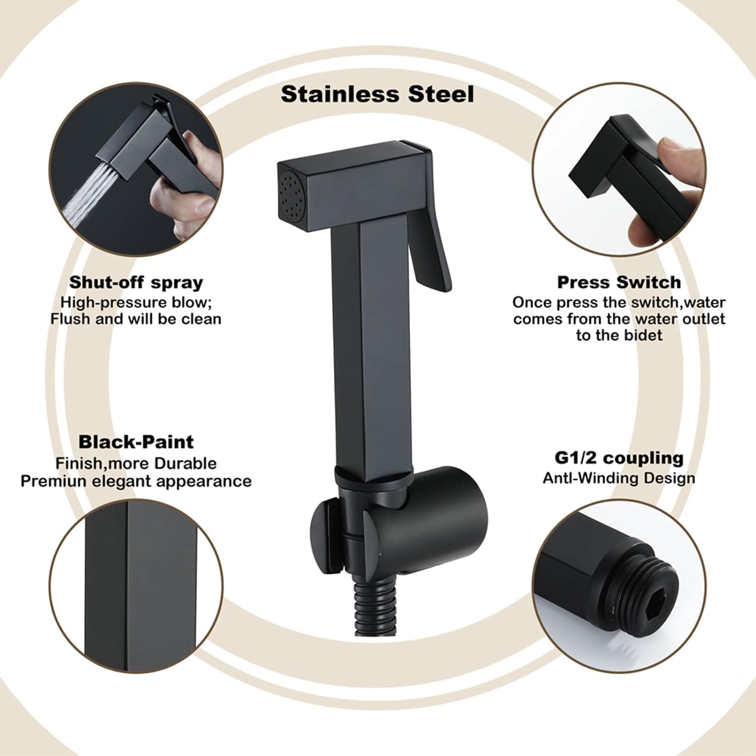 Toilet Bidet Kit - Brass Handheld Bidet Sprayer - Wall Mounted Toilet Shower Head with Hose and Holder Toilet Hand Shower Kit, for Personal Hygiene, Toilet Cleaning, Black