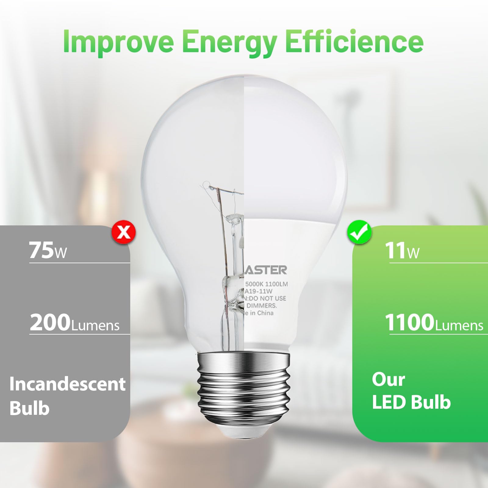 JIANGSILING A19 LED Light Bulb, 75W Equivalent LED Bulb, 11W 5000K Daylight, 1100 Lumens, Non-Dimmable Light Bulbs, CRI 85+, No Flicker E26 Base Bulbs for Home Office, 6-Pack