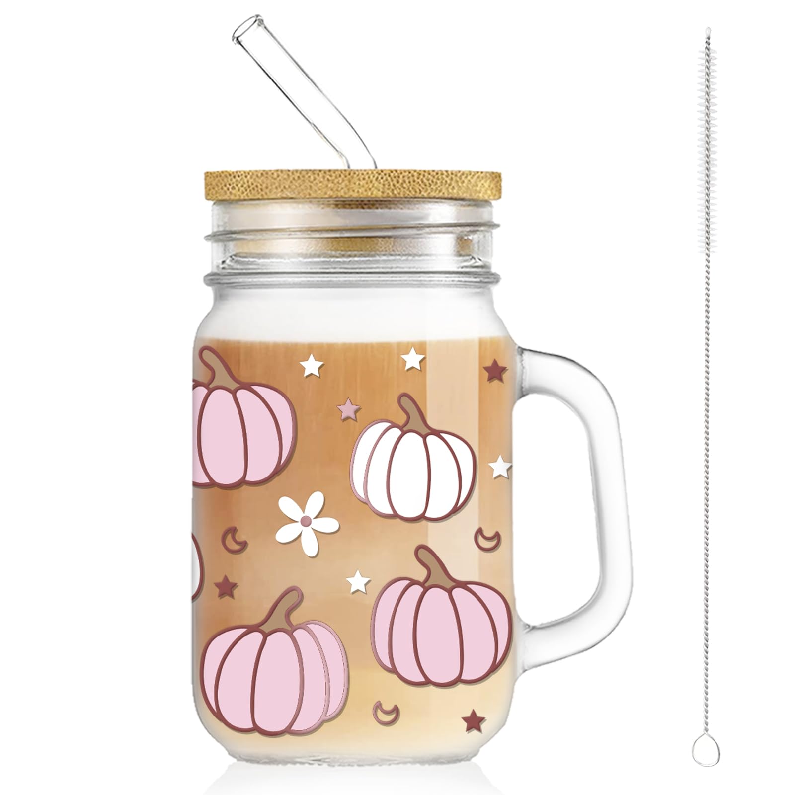 Whaline Fall Mason Jar Mug with Handle 18oz Pumpkin Flower Star Mason Jar Drinking Glasses Pink White Pumpkin Ice Coffee Cups with Lid and Straw for Iced Coffee Tea Soda Cocktail Gifts