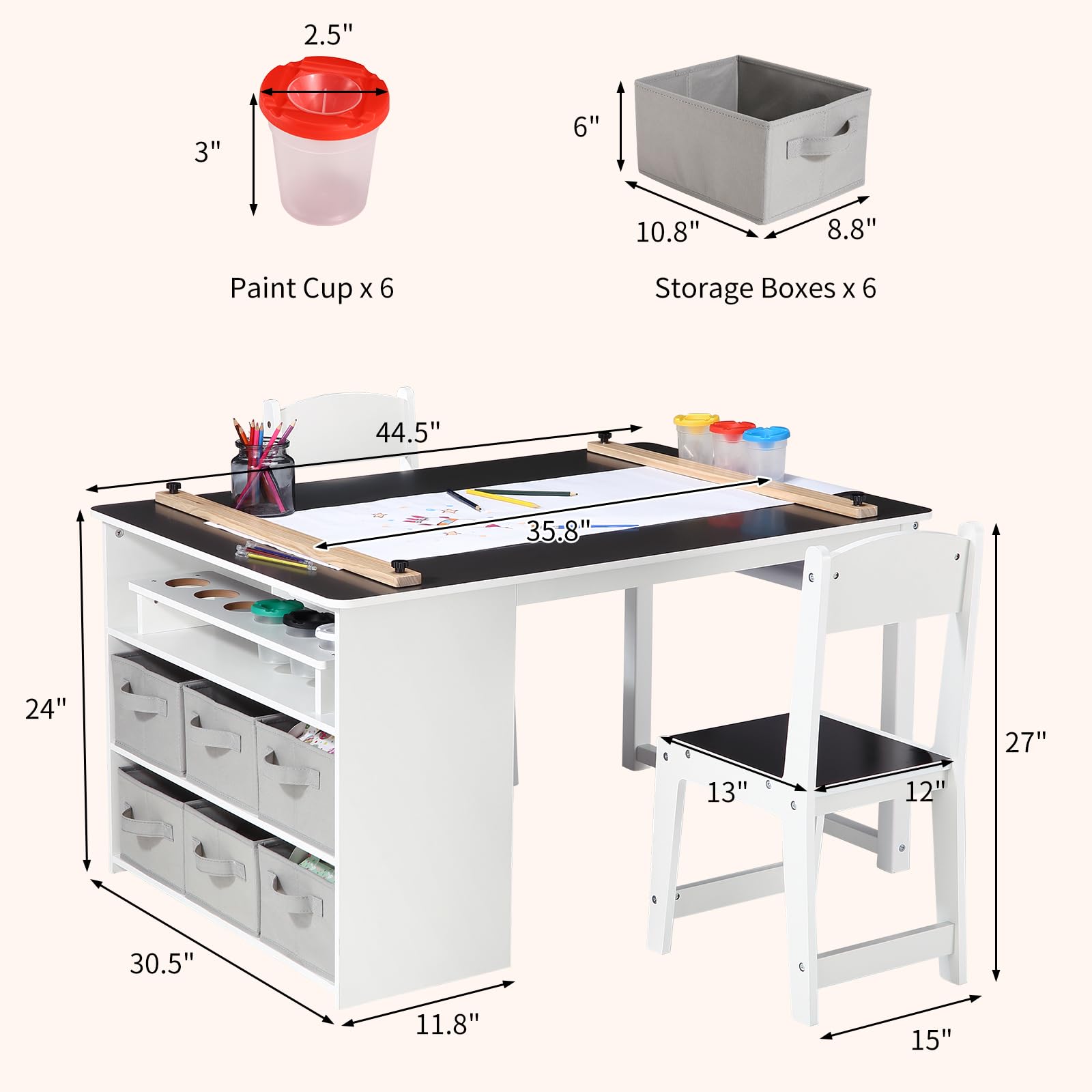 Kids Art Table and 2 Chairs,Toddler Craft and Play Wood Activity Table With Storage Bins, Drawing Desk, Kids Activity Table and Study Table, Activity & Crafts for Children Wooden Furniture (Grey)