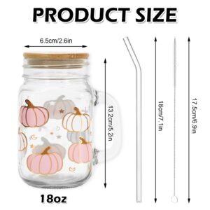 Whaline Fall Mason Jar Mug with Handle 18oz Pumpkin Flower Star Mason Jar Drinking Glasses Pink White Pumpkin Ice Coffee Cups with Lid and Straw for Iced Coffee Tea Soda Cocktail Gifts