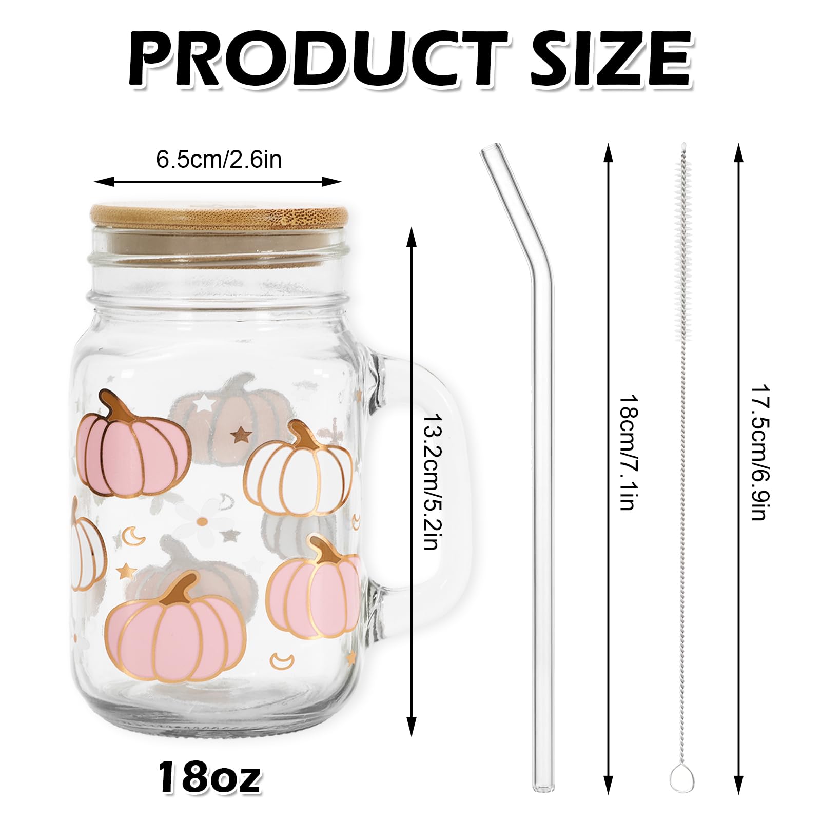 Whaline Fall Mason Jar Mug with Handle 18oz Pumpkin Flower Star Mason Jar Drinking Glasses Pink White Pumpkin Ice Coffee Cups with Lid and Straw for Iced Coffee Tea Soda Cocktail Gifts