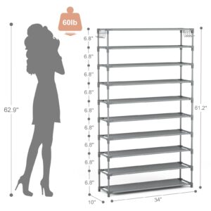 LANTEFUL 10 Tiers Shoe Rack 50 Pairs Large Capacity Tall Shoe Organizer Sturdy Shoe Storage with Two Hooks Space Saving Metal Wide Shoe Rack for Closet, Entryway, Bedroom, Grey