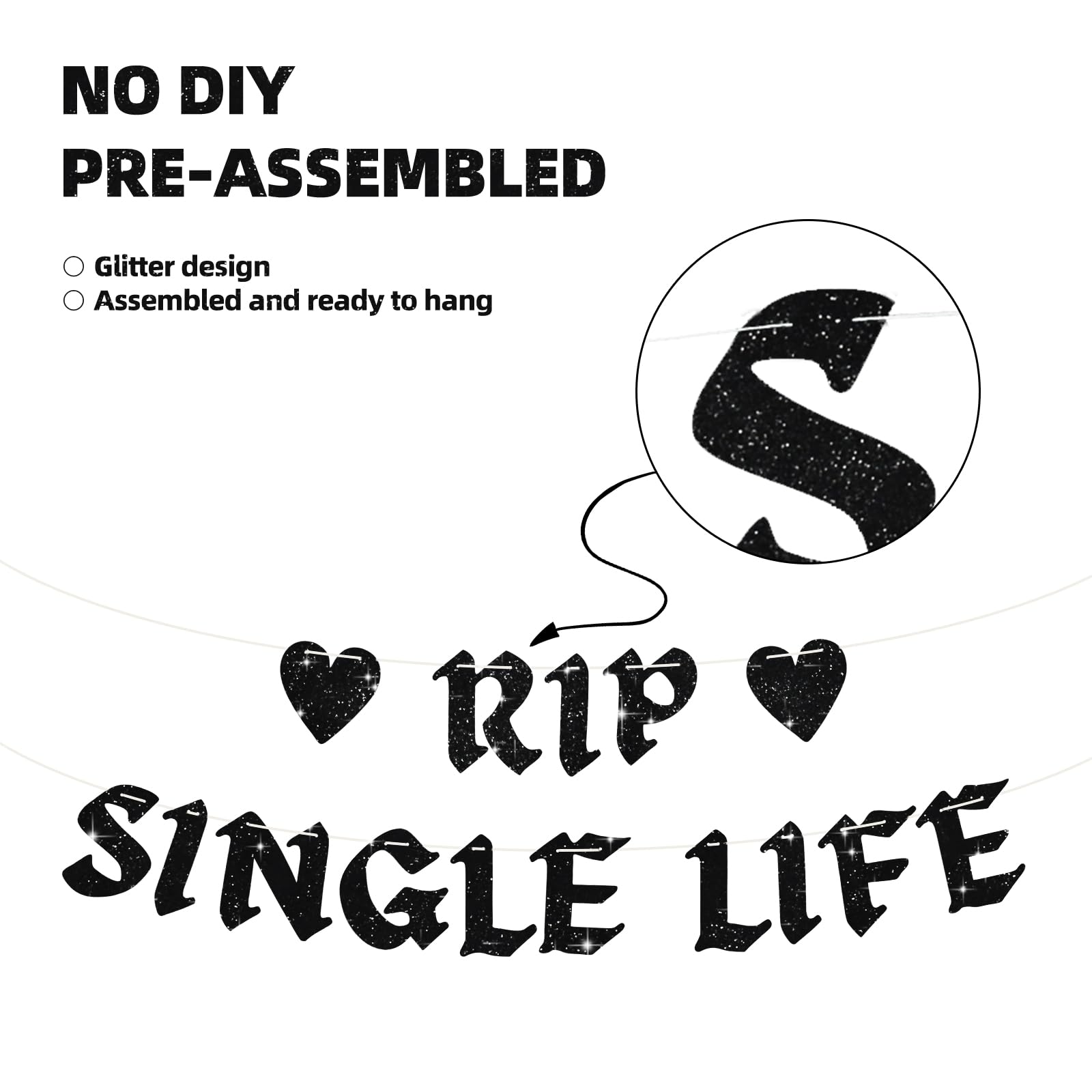 BEISHIDA Black RIP Single Life Banner,NO DIY, Pre-Strung Bachelorette Party Decorations,Till Death Do Us Party Supplies,Bride or Die Party Decor, Gag Gift