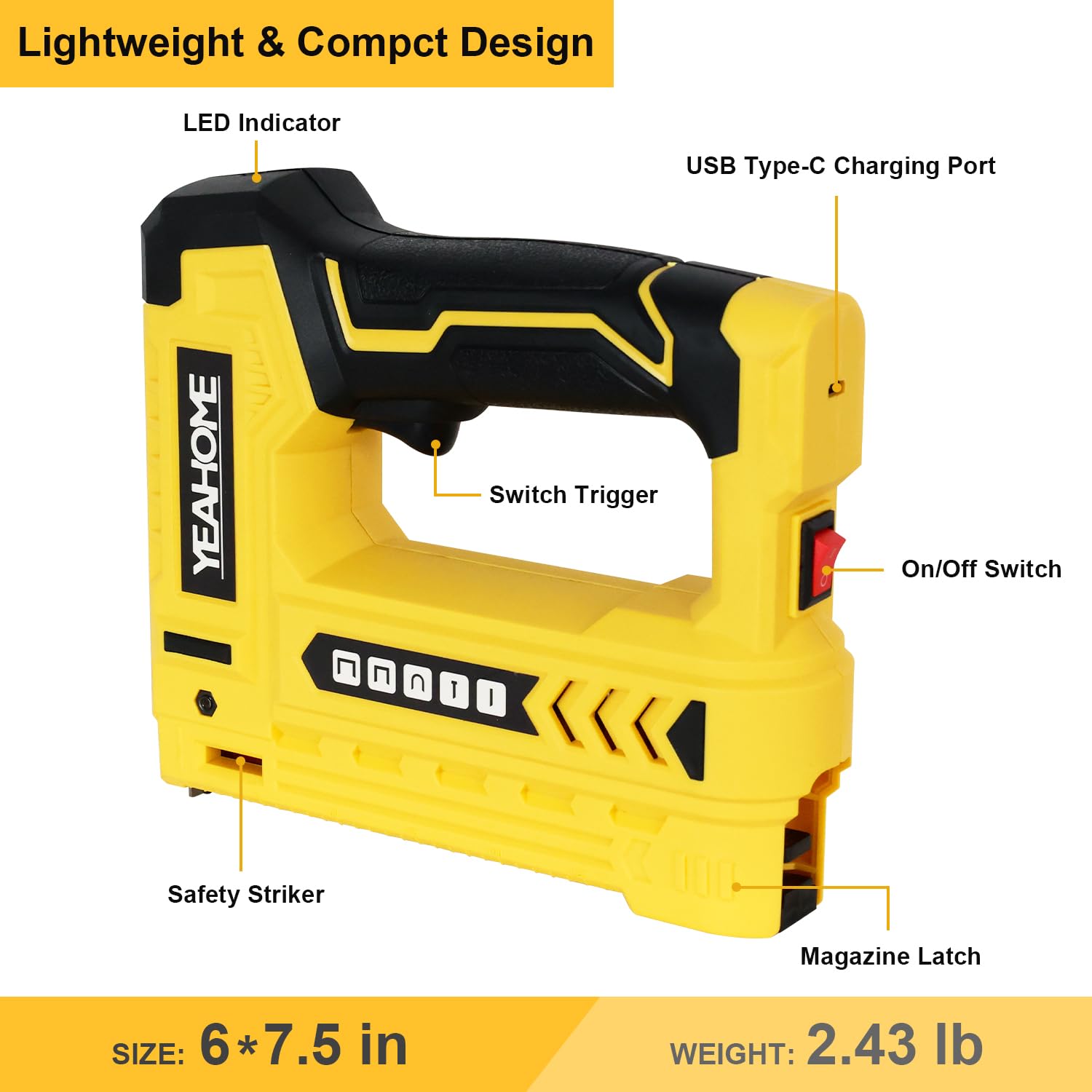 YEAHOME Electric Staple Gun, 5 in 1 Cordless Staple Gun for Upholstery with 1800 Staples & Nails, 3.7V Brad Nailer Kit with USB Charger for Wood, Carpentry, Crafts, DIY