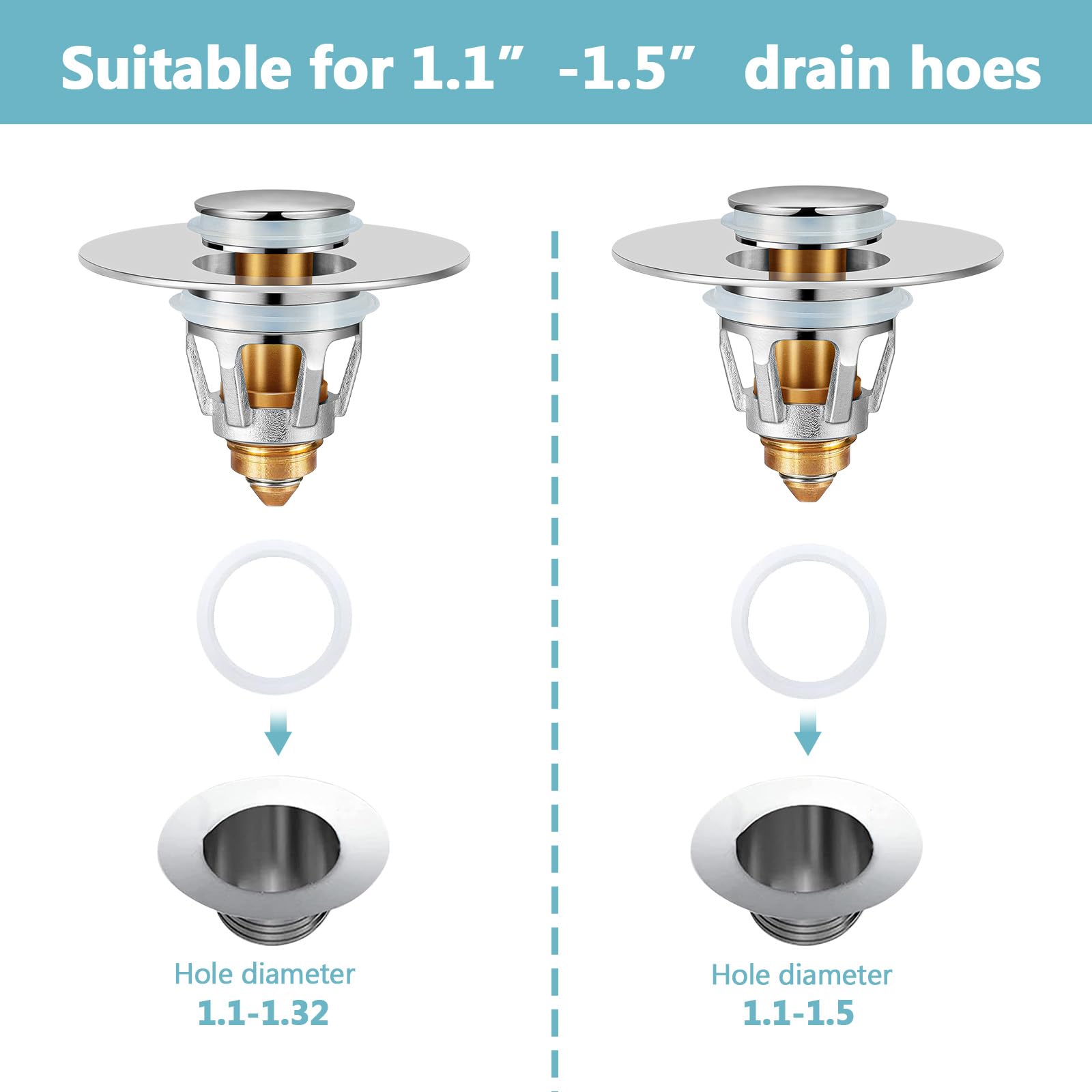 MEIUOAE Bathroom Sink Stopper，pop up Sink Drain Stopper，Bounce Washbasin Sink Stopper， for 1.1~1.5 in Drain Holes, Wash Basin Drain Filter ，Bathroom Sink Drain Stopper (Silver)