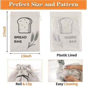 Bread Bags, 2 Pack Linen Bread Bags, Bread Bags for Homemade Bread Storage with Drawstring — Plastic Lined, Reusable Gift Bag for Housewarming, Wedding (17 × 13”)