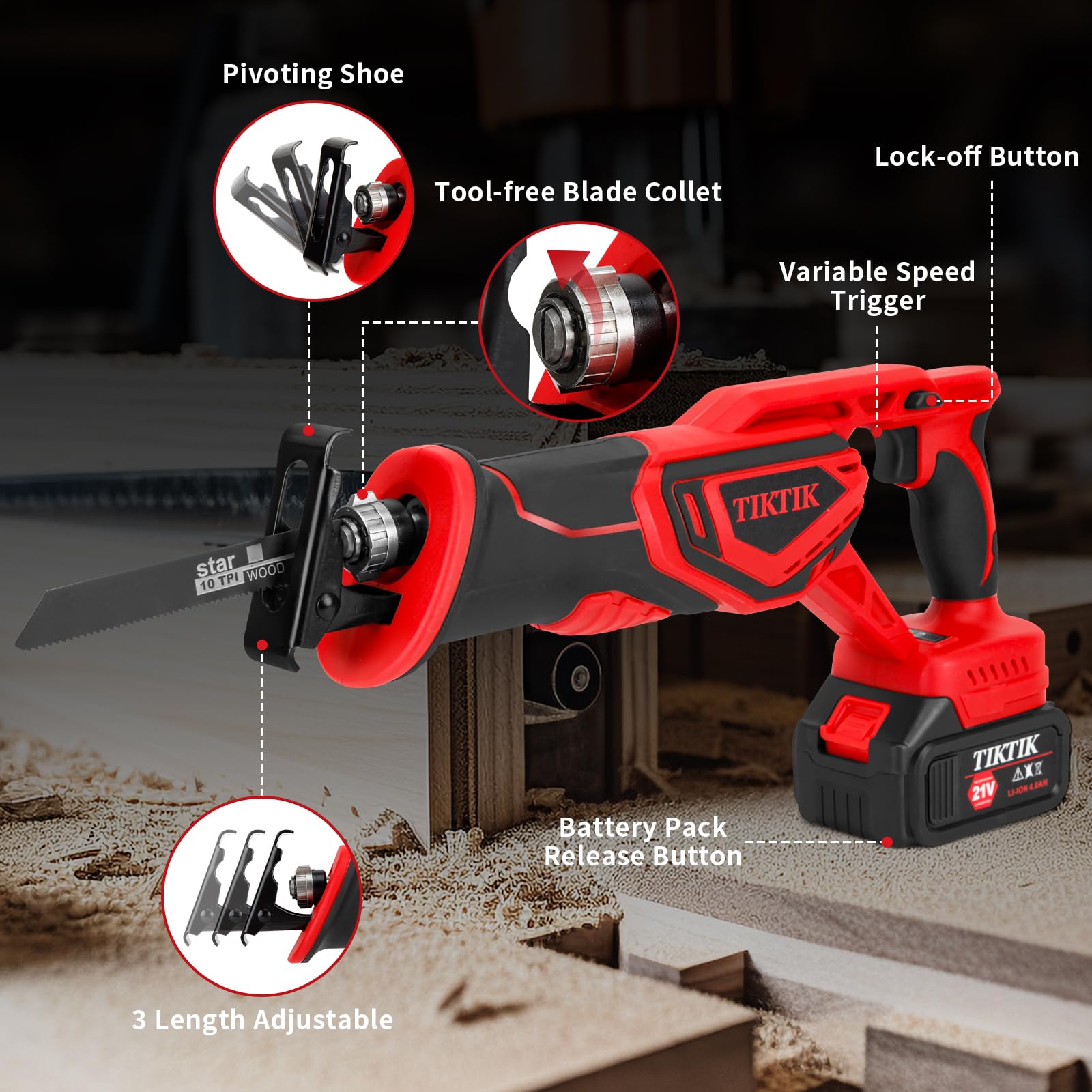 TIKTIK Reciprocating Saw Cordless,0-3500 SPM Portable Reciprocating Saw with 2 x 4.0Ah Battery,12 Saw Blades,Tool-free Blade Change,21V Brushless Power Reciprocating Saws for Wood/Metal/PVC