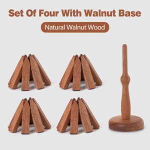 Fzaqwen Wooden Trivets for Hot Dishes - Walnut Tree Shape Table Insulation Mat Set for Hot Pots and Pans Collapsible Coasters Heat Resistant Pads for Kitchen Counter 4 Wooden Trivet and 1 Stand