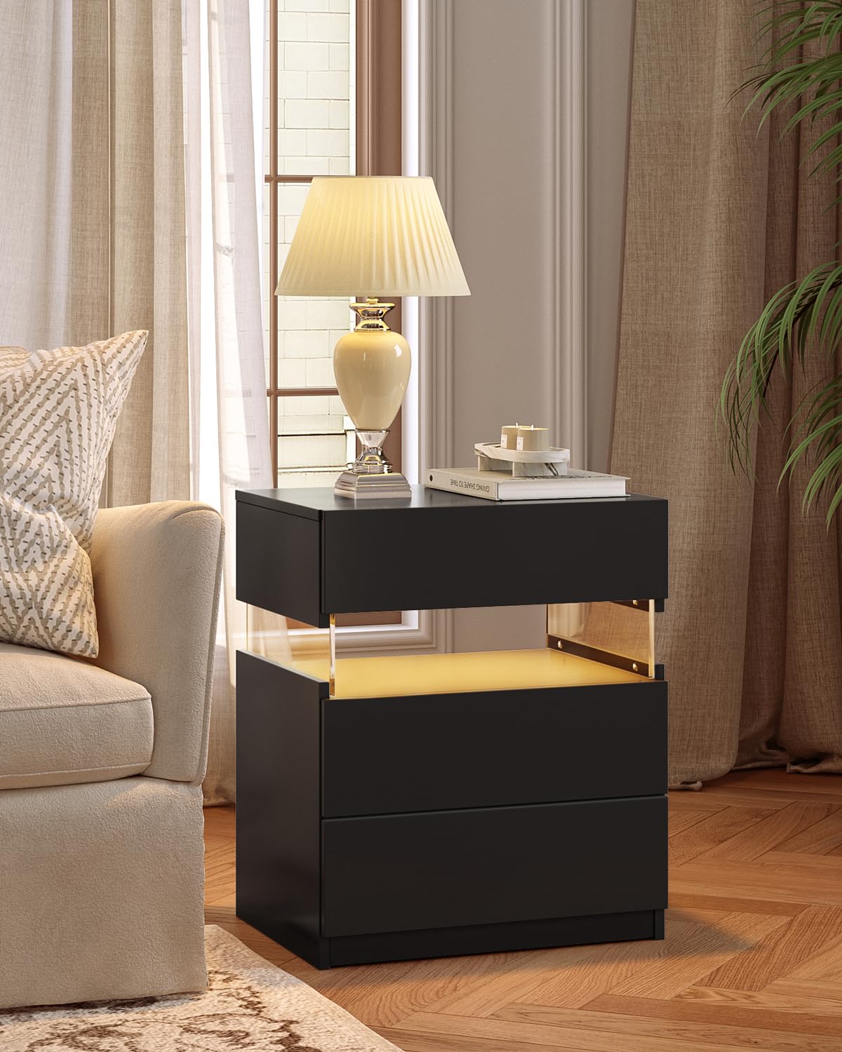 Bingoday Nightstands Set of 2 LED Tall Nightstand Set of 2 Modern LED Bedside Tables Set of 2 with 3 Drawers for Bedroom Living Room