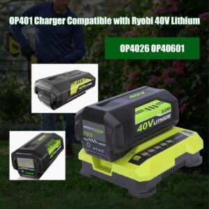 2 Packs 6.0Ah Li-ion OP40601 Battery and OP401 Charger Replacement for Ryobi 40V Battery and Charger kit Compatible with Ryobi 40 Volt Battery OP4026 OP40601 OP4050A OP4040 OP4030 OP4050(Green)