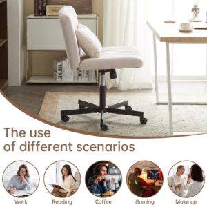 YFO Criss Cross Armless Home Office Chair with Replaceable Wheels/Fixed Base and Lumbar Support, Wide Seat Swivel Chair, Comfy Computer Chair, Beige