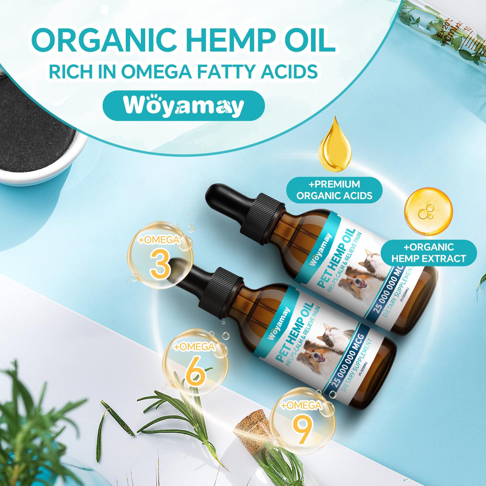 Woyamay Hemp Oil for Dogs and Cats - Hemp Oil Drops Rich in Omega 3, 6, 9 and Organic Extract Helps Pets with Аnxiеty, Pаin, Strеss, Slееp, Аrthritis, Sеizures Rеlief, Pets Calming Treat-2 Pack